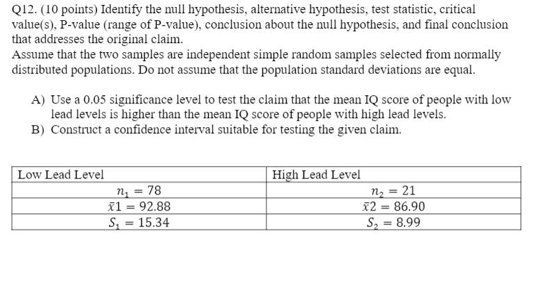 i need help with this question Q12. (10 points} Identify the null