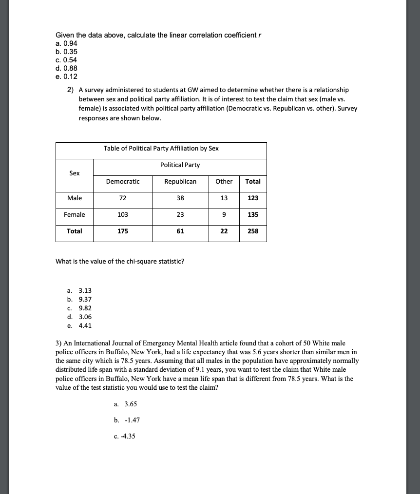  Given the data above, calculate the linear correlation coefficient r a.