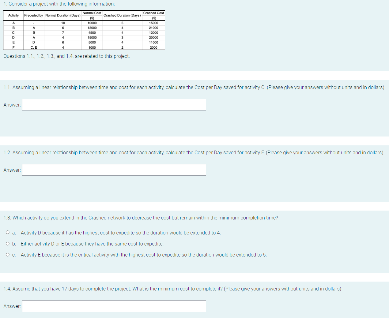 1. Consider a project with the following information: Activity Preceded by