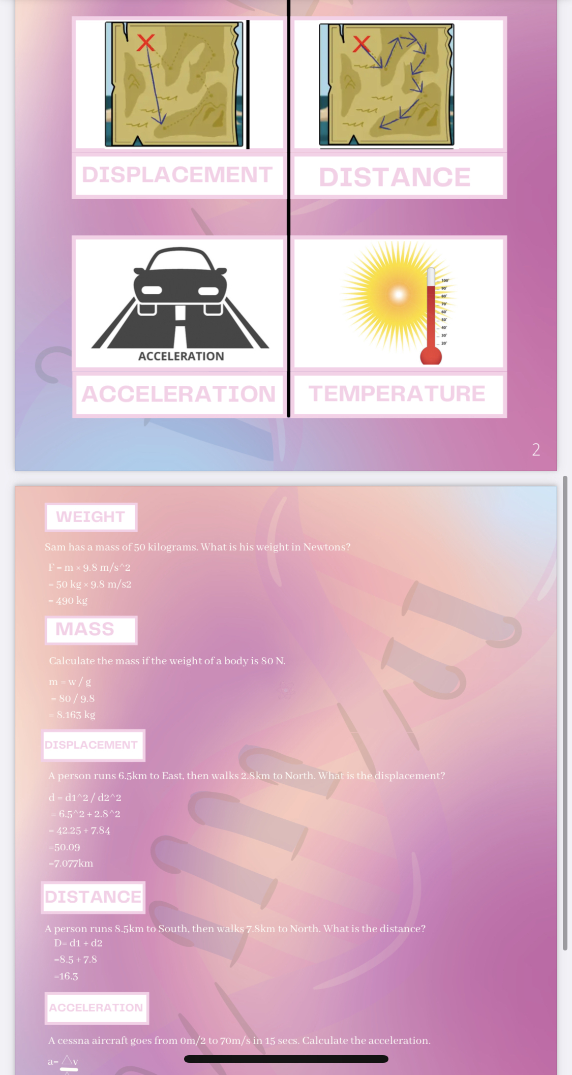 chart that illustrates and identies examples of vectors and scalars quantities, Think