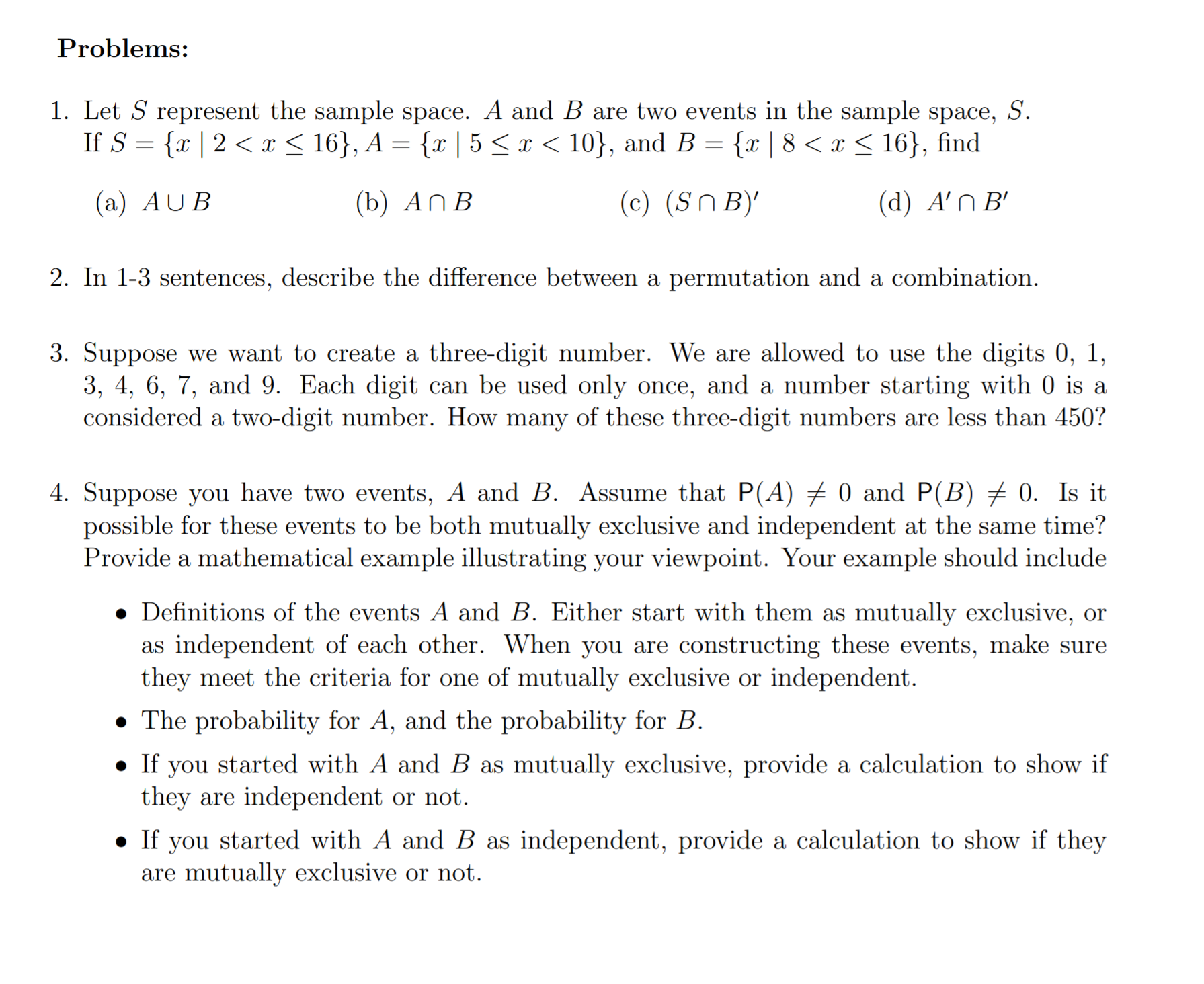 Statistics Problems: 1. Let 5' represent the sample space. A and B