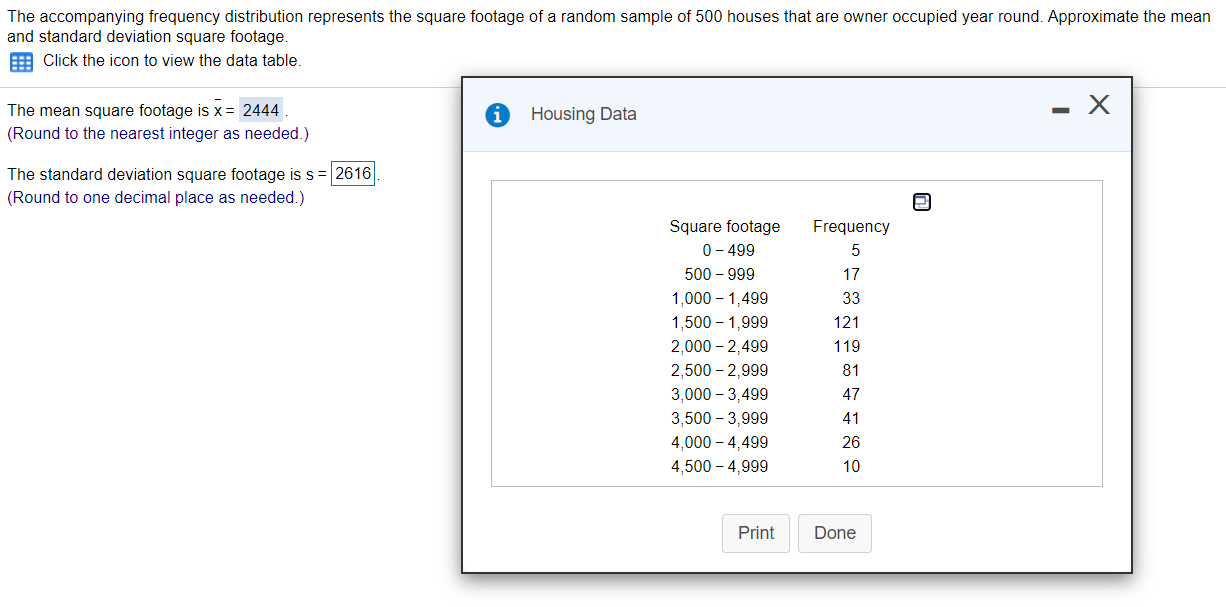 standard deviation = 2616 square footage is wrong! what is the standard