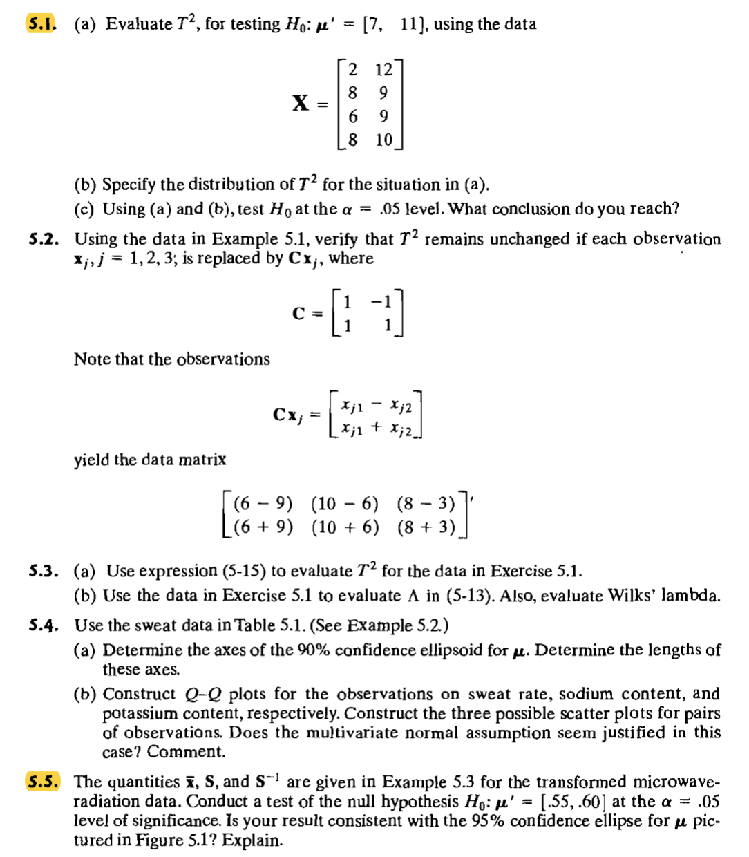 Only 5.5Provide Example 5.3. 5.1. (a) Evaluate 72, for testing Ho: m'