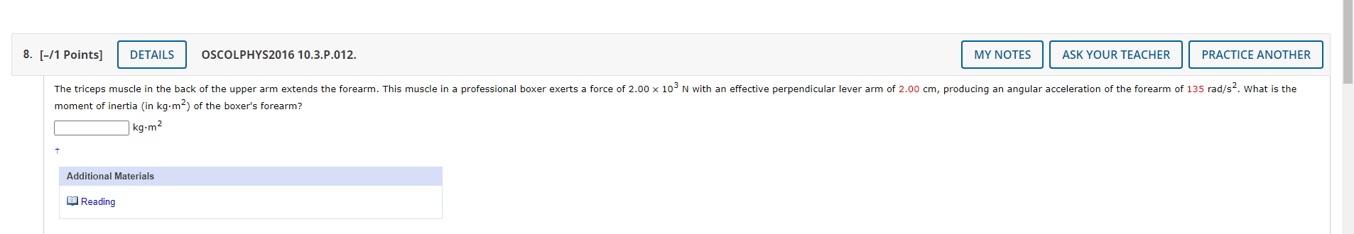 8. [-/1 Points] DETAILS OSCOLPHYS2016 10.3.P.012. MY NOTES ASK YOUR TEACHER