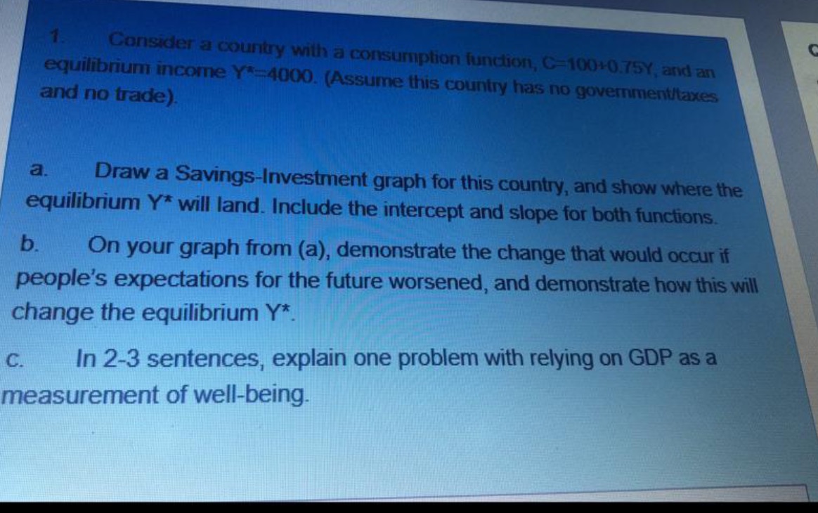  1 Consider a country with a consumption function, C-10010.75Y, and an