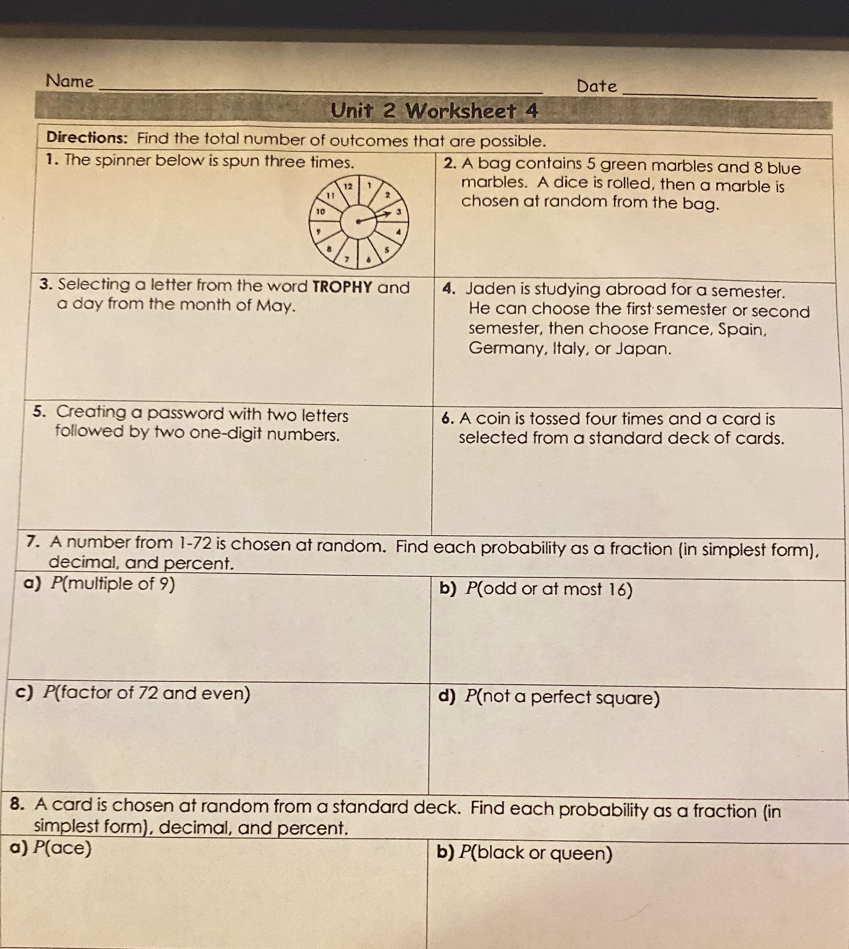  Name Date Unit 2 Worksheet 4 Directions: Find the total number