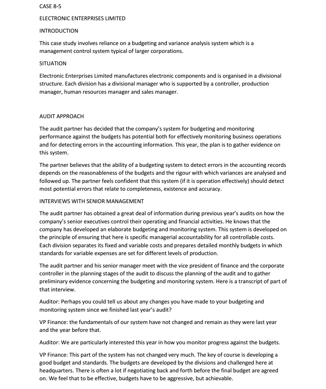 ADVANCED AUDITING ISSUE - A CASE STUDY, PLEASE HELP ME TO IDENTIFY