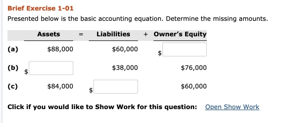 Determine the missing amounts Brief Exercise 1-01 Presented below is the basic