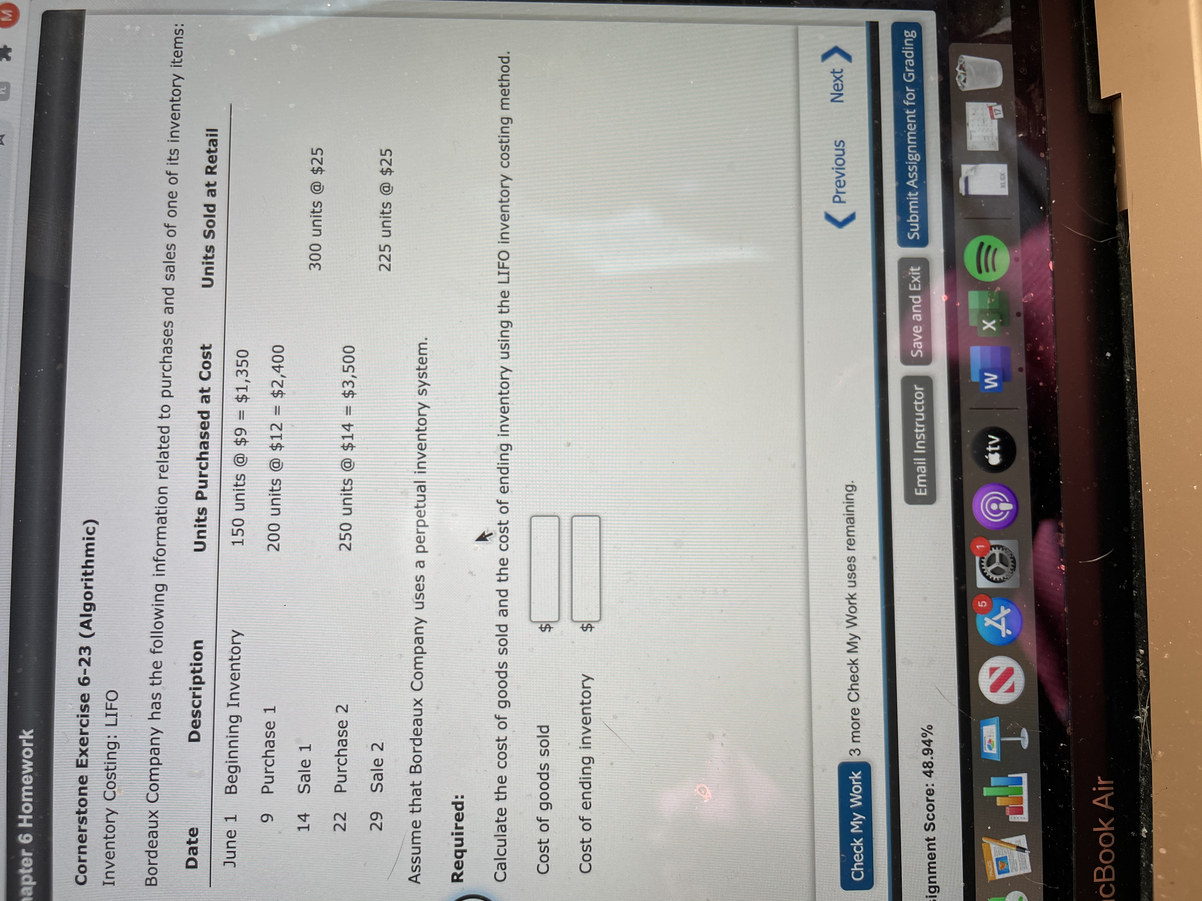 Please Help me apter 6 Homework Cornerstone Exercise 6-23 (Algorithmic) Inventory Costing:
