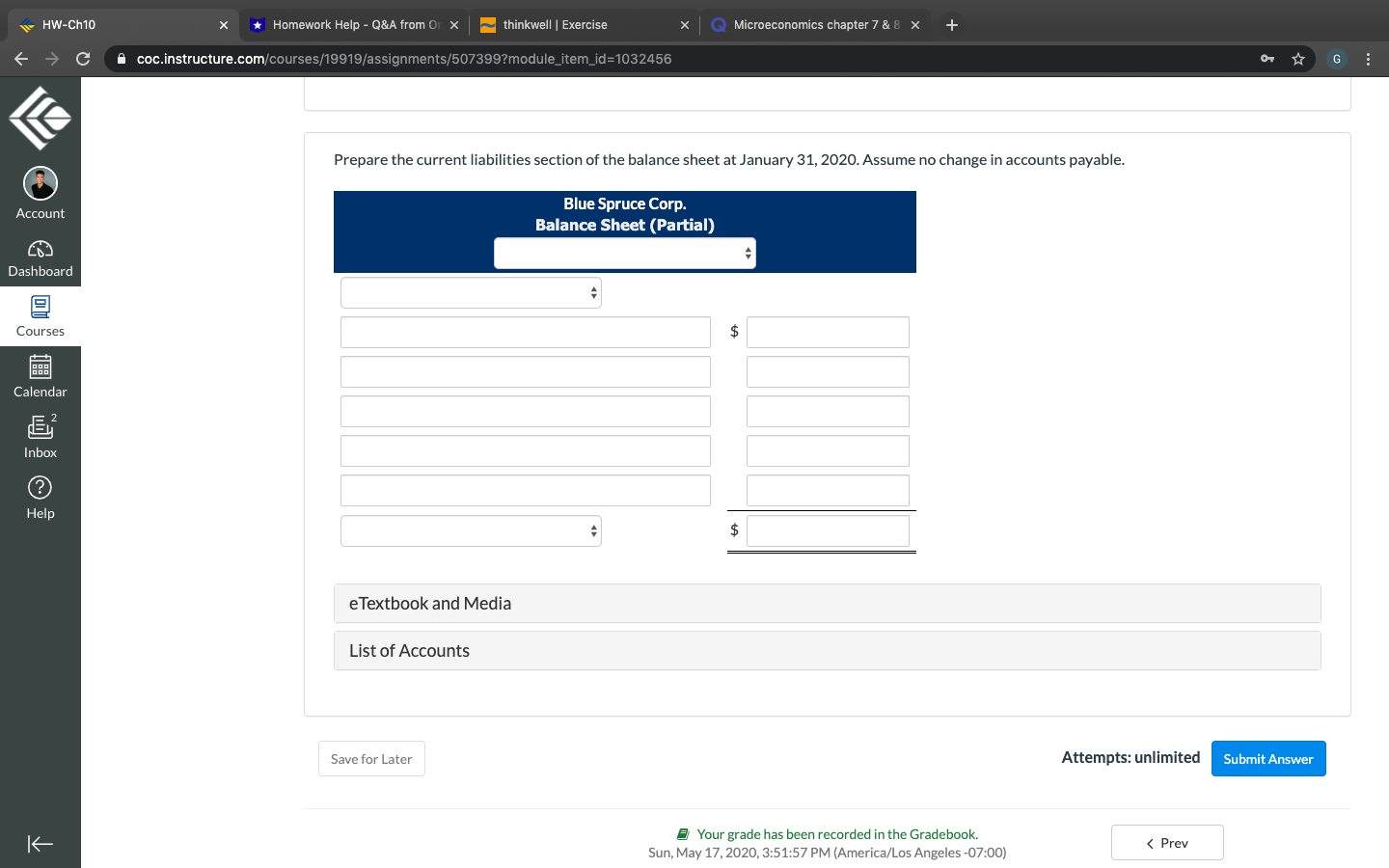 20205P HW-Ch10 Home eTextbook E Your grade has been recorded in the