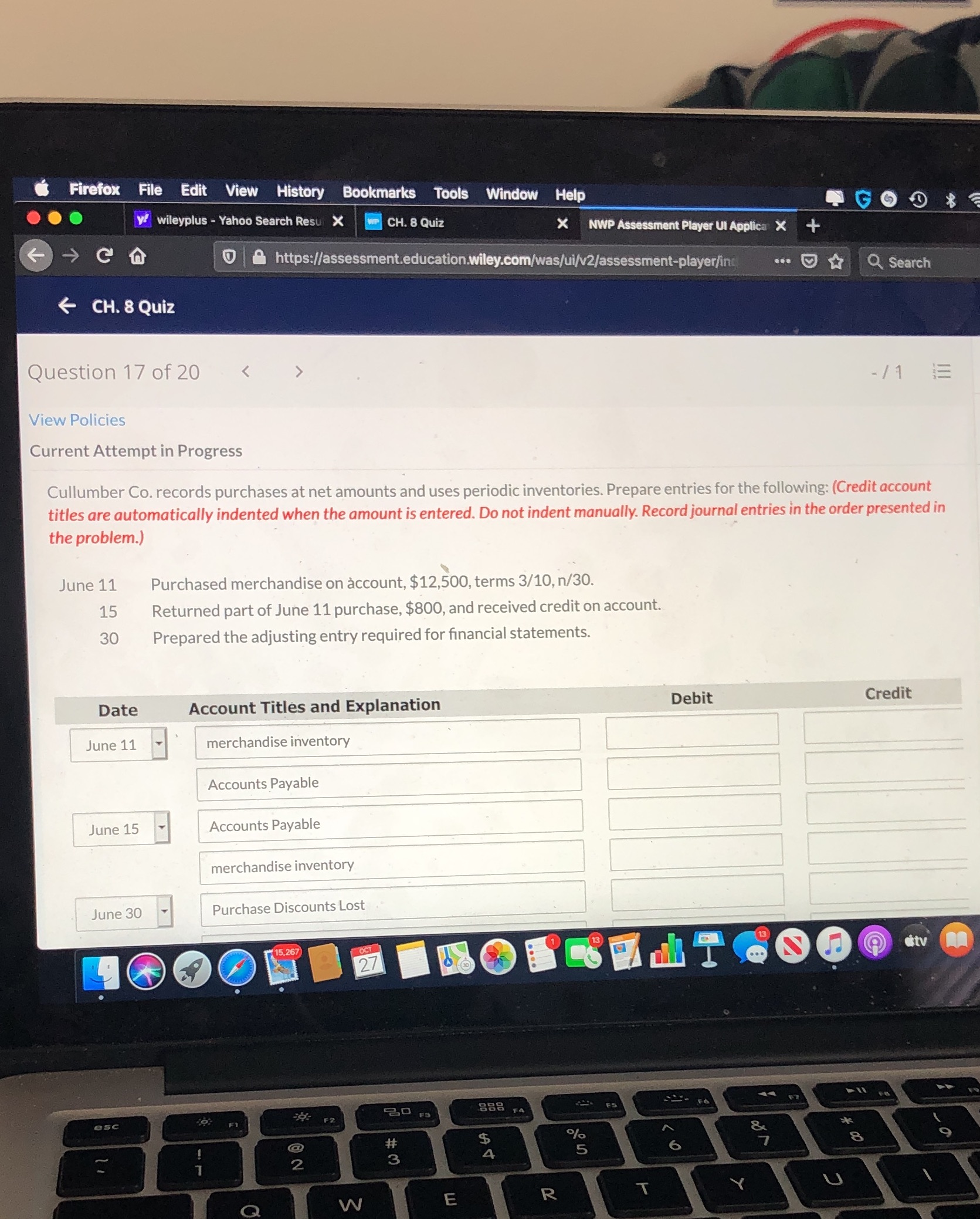 y' wileyplus - Yahoo Search Resu X WP CH. 8 Quiz X