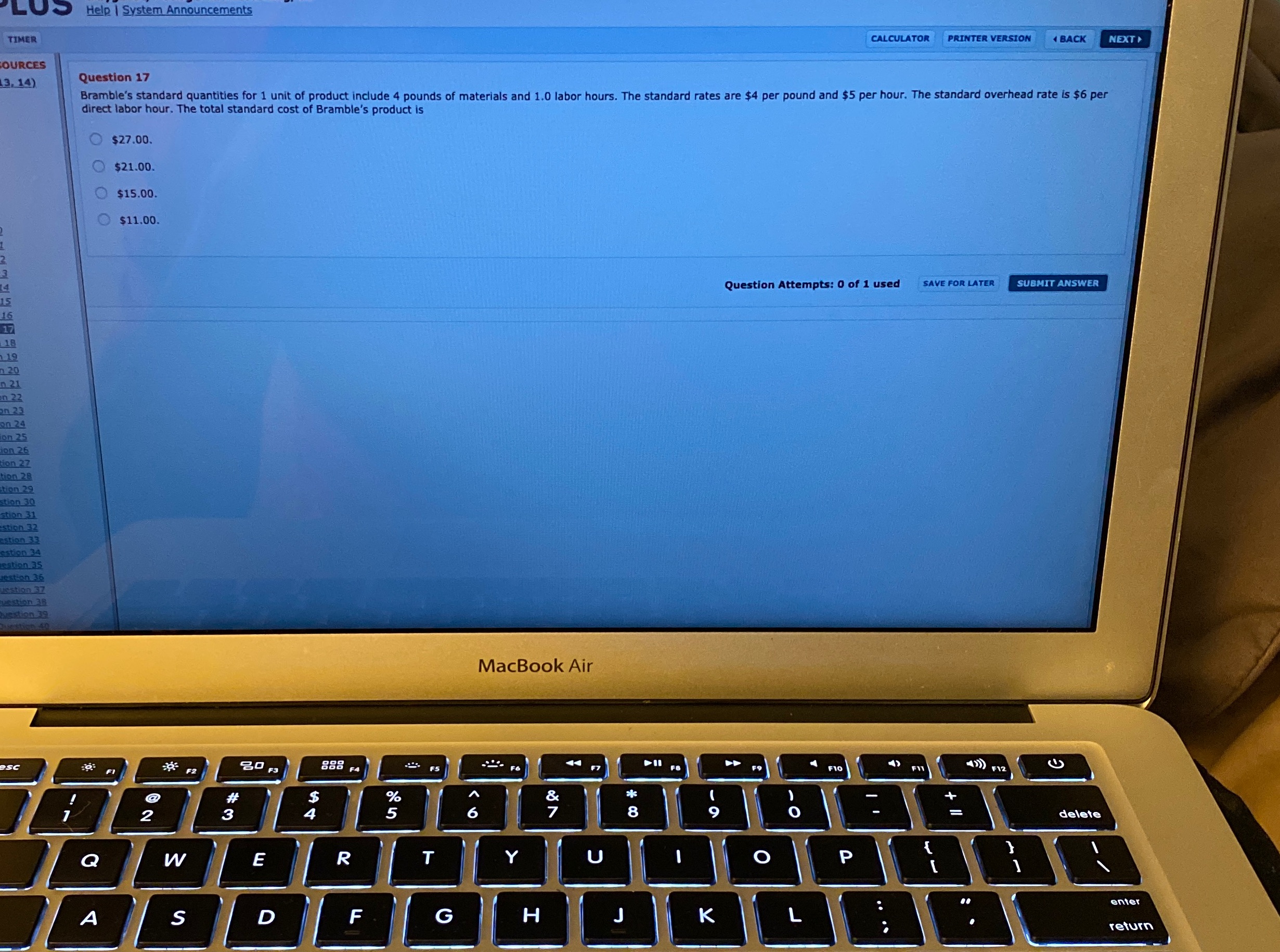 Question 17 test help LU Help | System Announcements TIMER CALCULATOR PRINTER