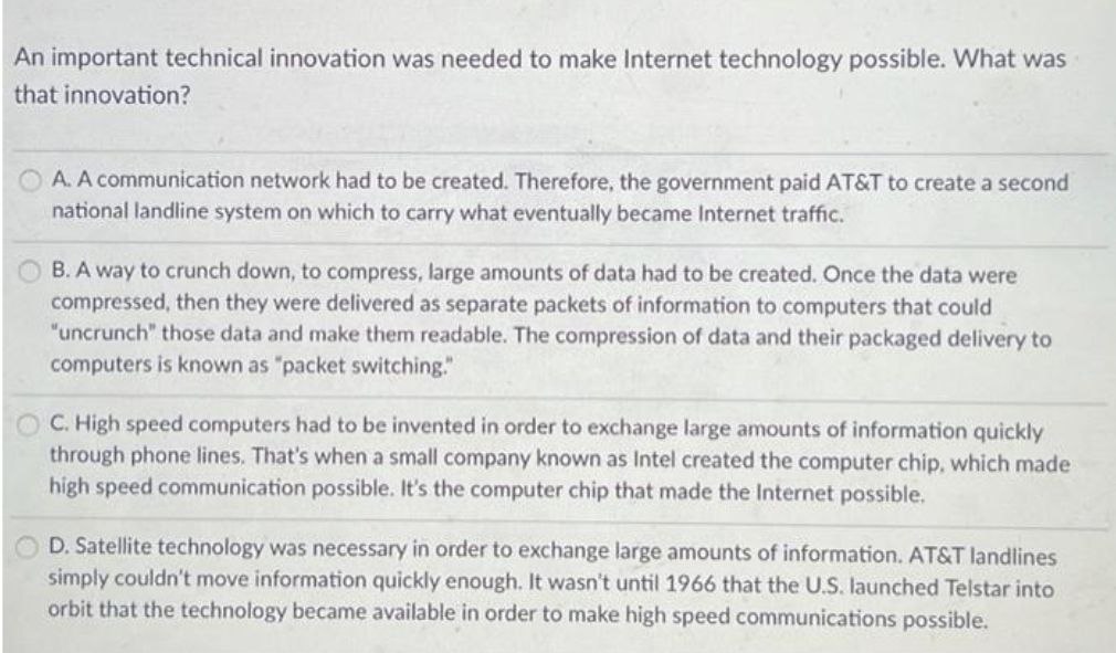  An important technical innovation was needed to make Internet technology possible.