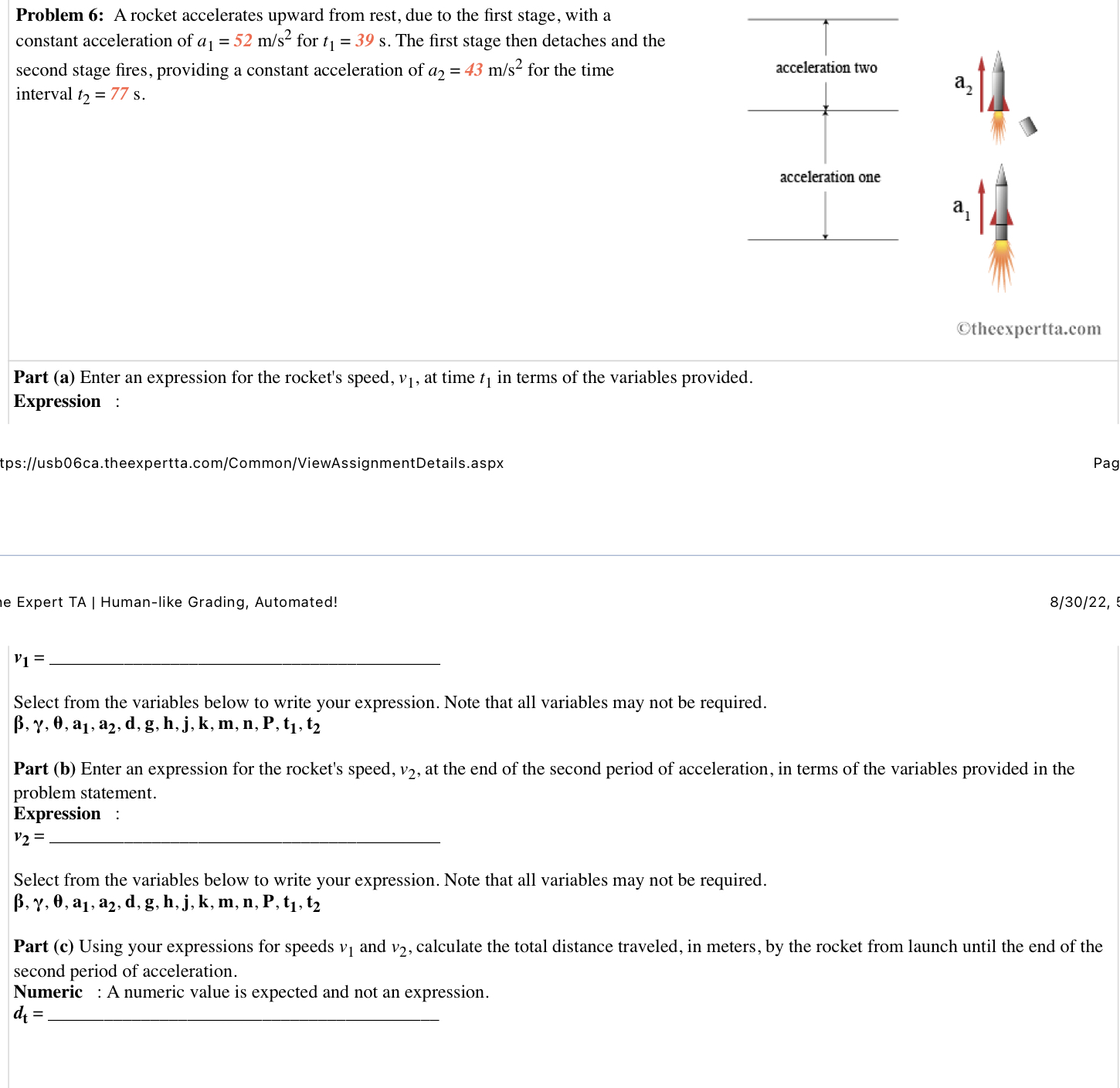 first stage, with a constant acceleration of a1 = 52 m/s for