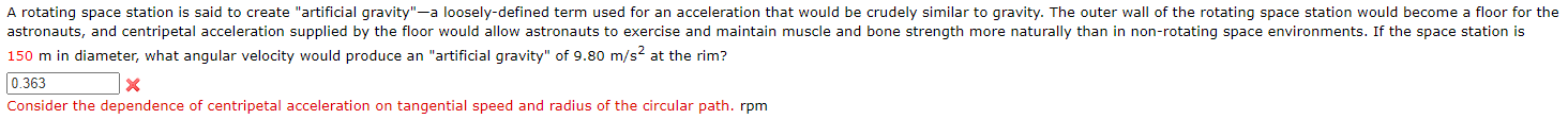  A rotating space station is said to create \"artificial gravity\"a loosely-dened