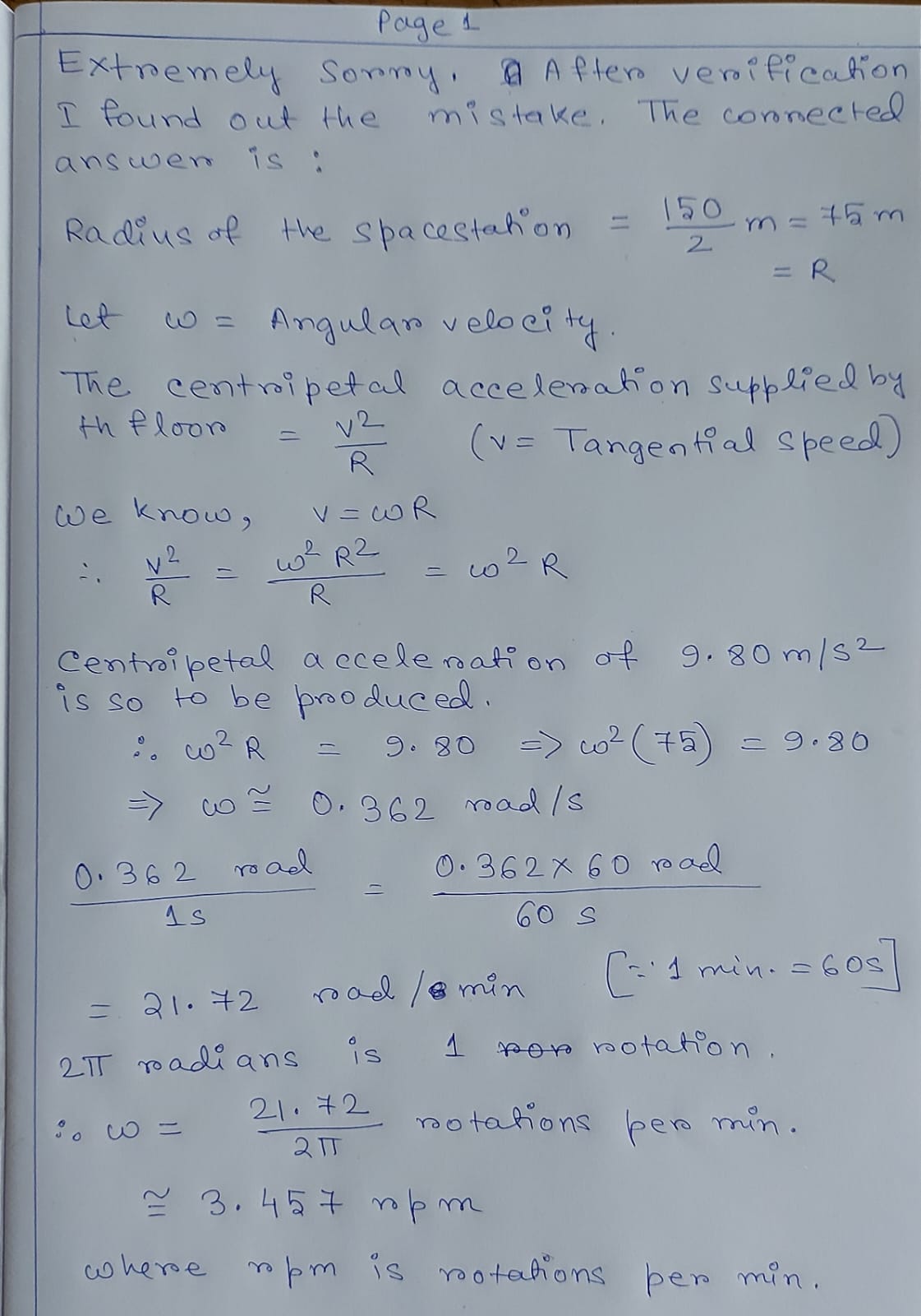 for the astronauts, and centripetal acceleration supplied by the oor would allow