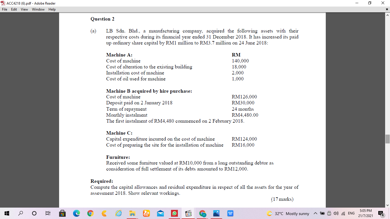 * Question 2 (a) LB Sdn. Bhd., a manufacturing company, acquired the