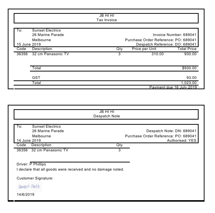 Sales Sale amount Invoice Date Customer name (Excl GST) matches Dispatch Note