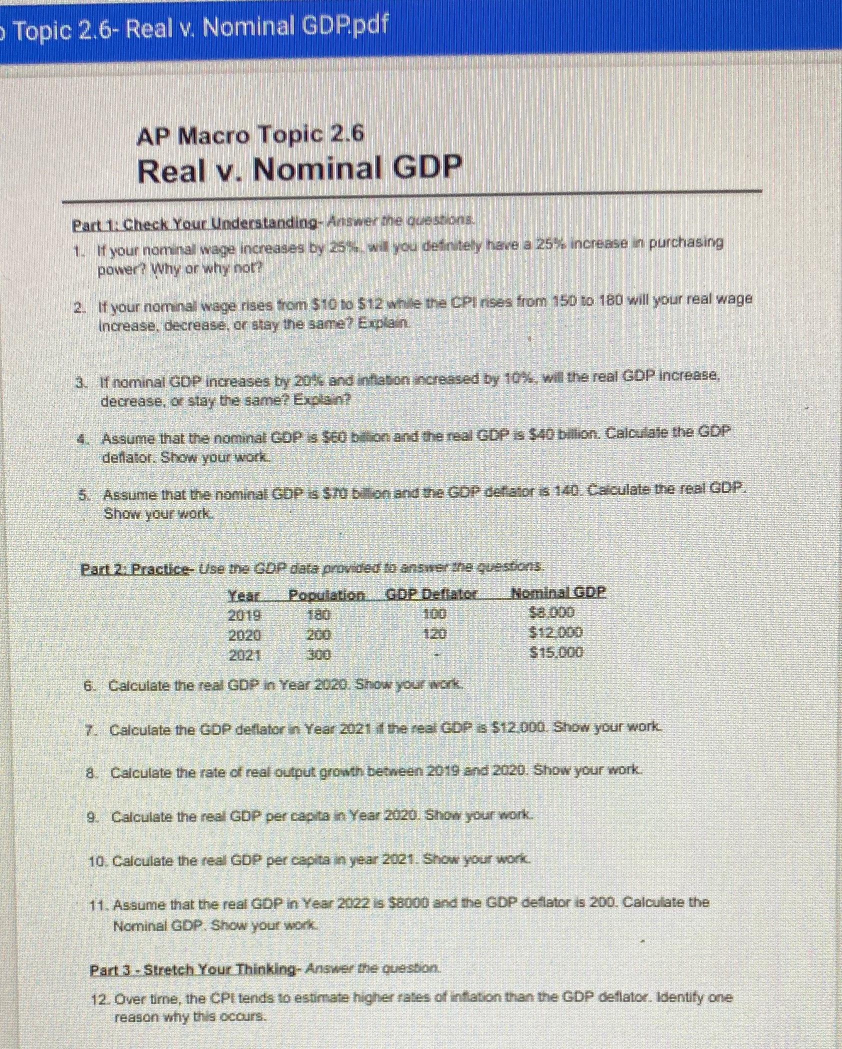 v. Nominal GDP Part 1. Check Your Understat It your nominal vage