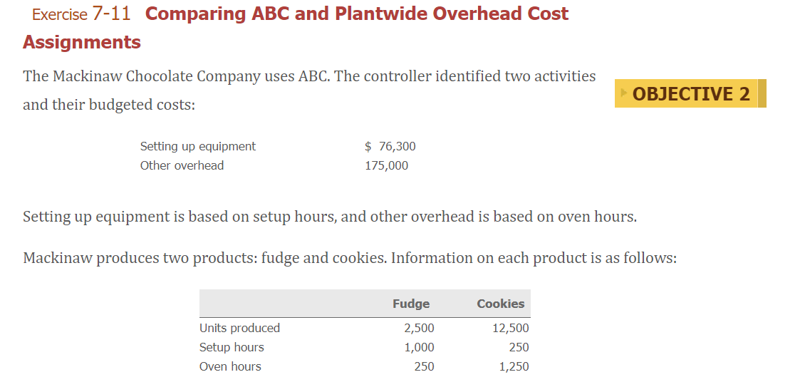 Exercise 7-11 Comparing ABC and Plantwide Overhead Cost Assignments The Mackinaw Chocolate