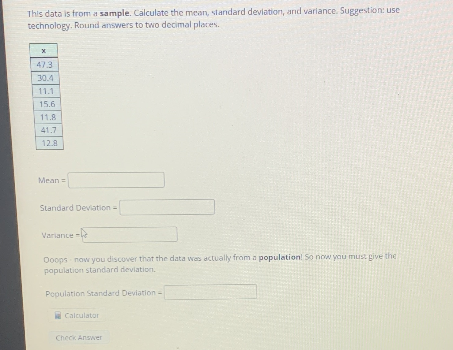 and variance. Suggestion: use technology. Round answers to two decimal places. X