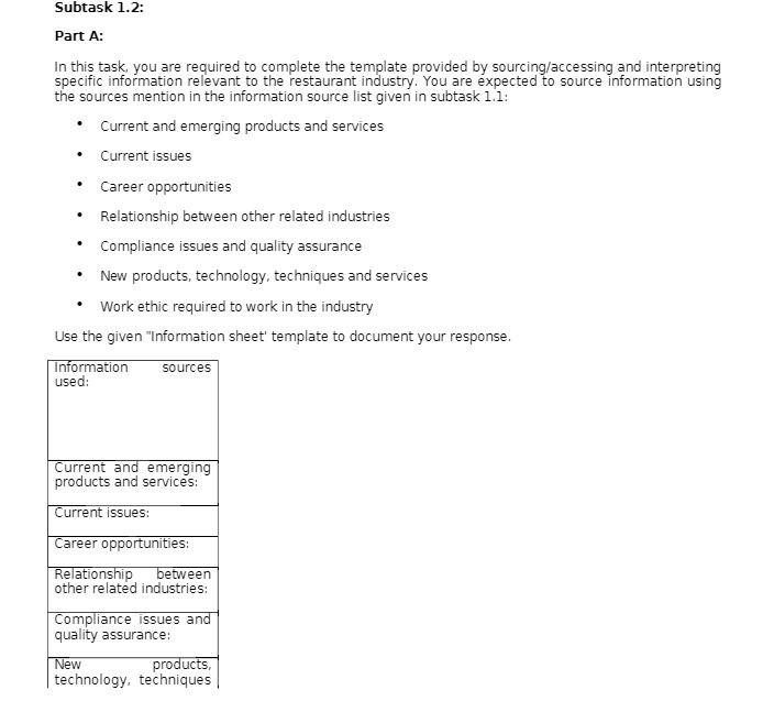 complete the template provided by sourcing/accessing and interpreting specific information relevant to