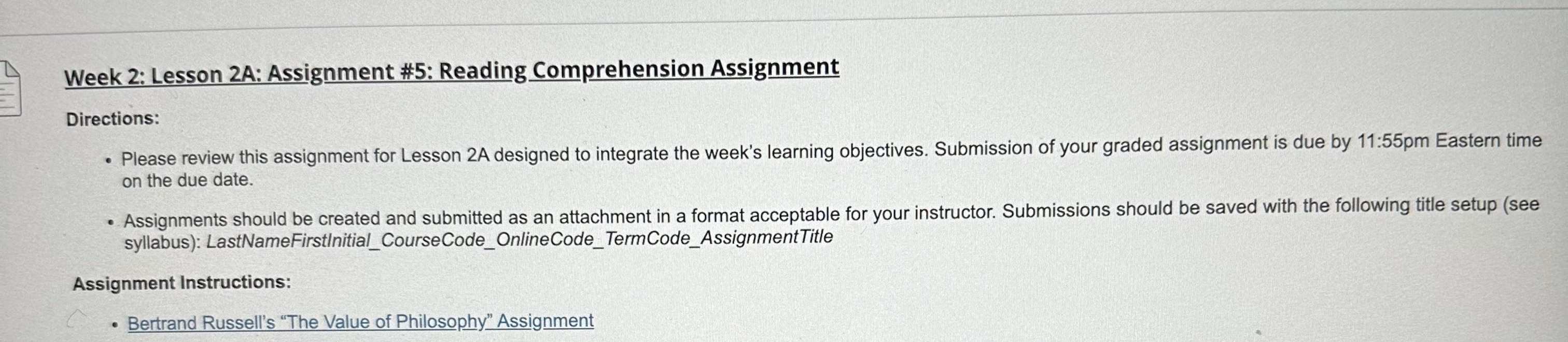 Week 2: Lesson 2A: Assignment #5: Reading Comprehension Assignment Directions: .