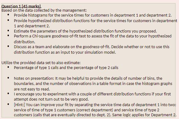 management: Provide histograms for the service times for customers in department 1