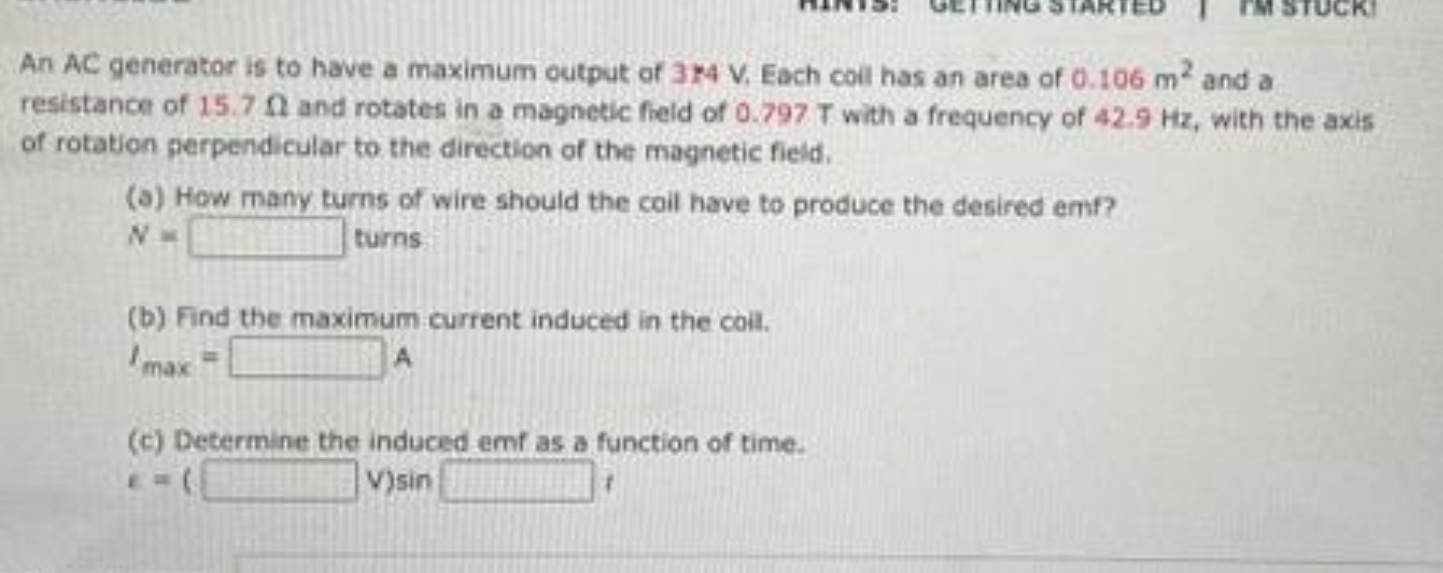 An AC generator consists of eight turns of wire, each having area