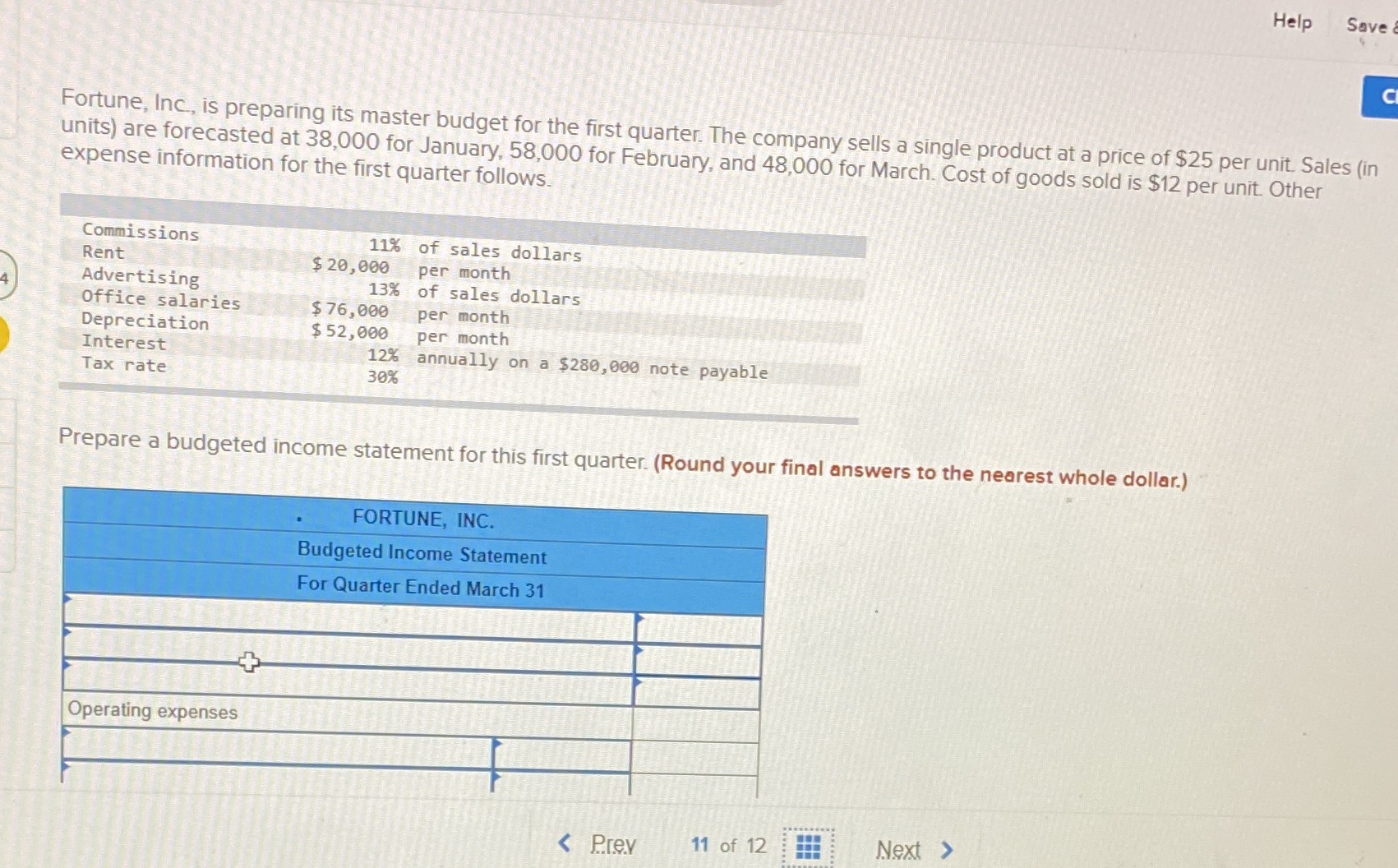  Help Save C Fortune, Inc., is preparing its master budget for