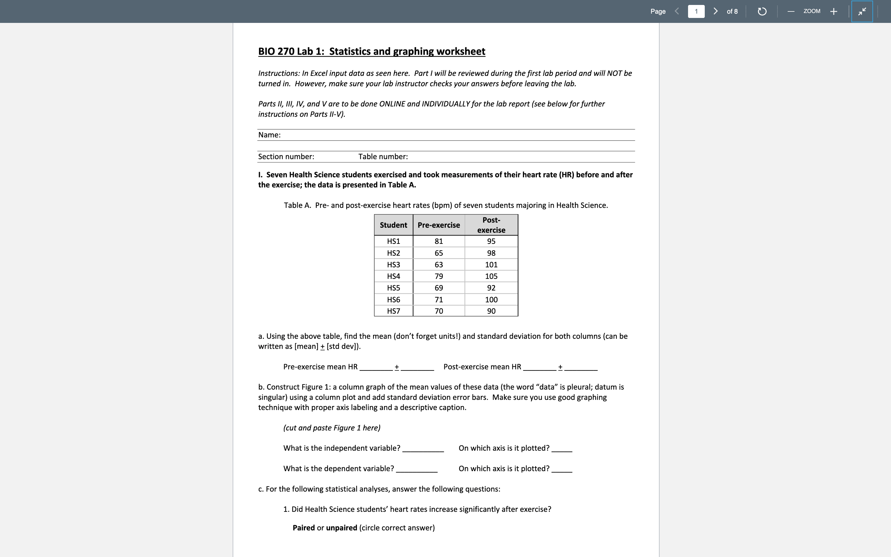 below for further instructions on Parts II-V)t Name: Section number: Table number: