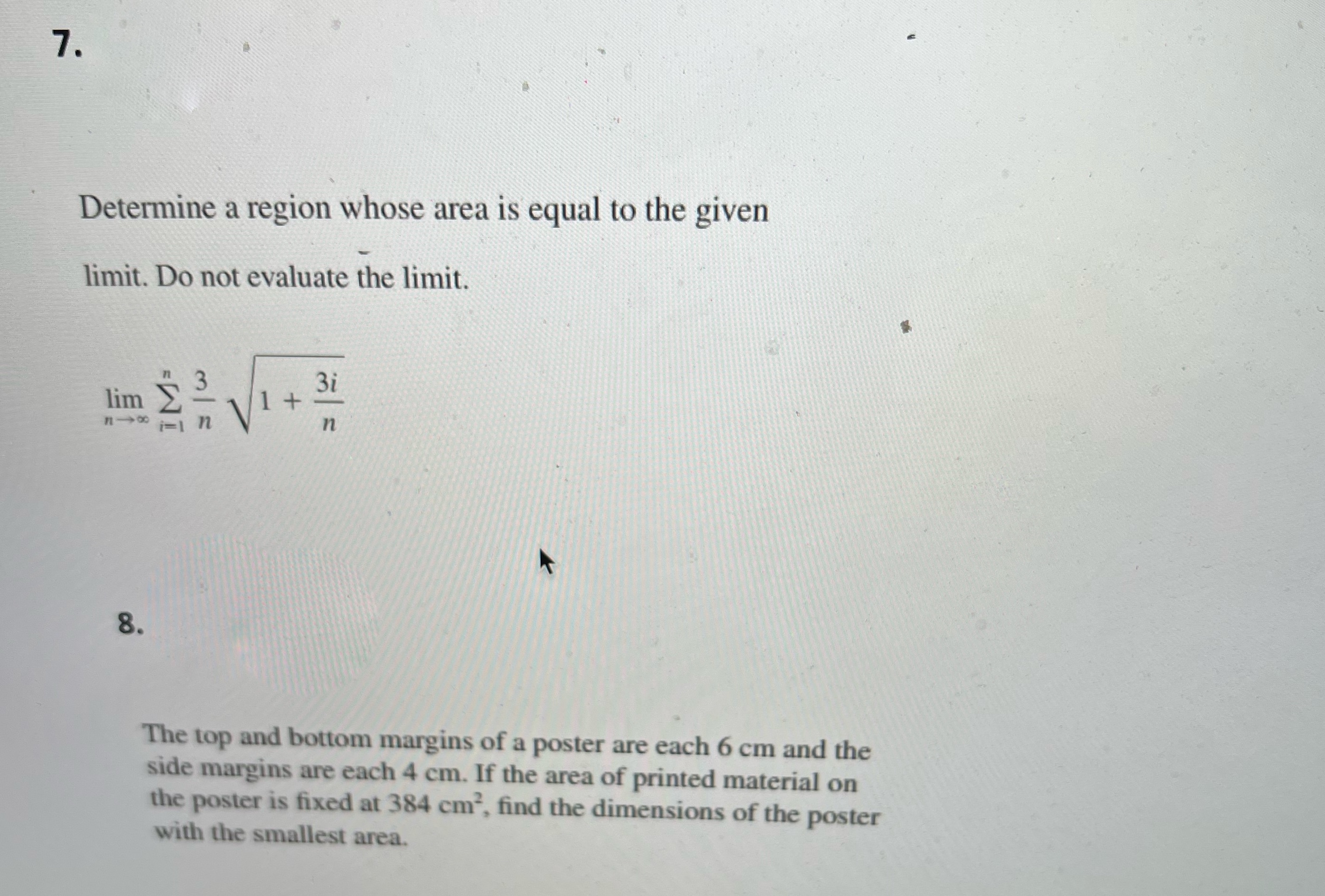 Without using h'opital's rule 7. Determine a region whose area is equal