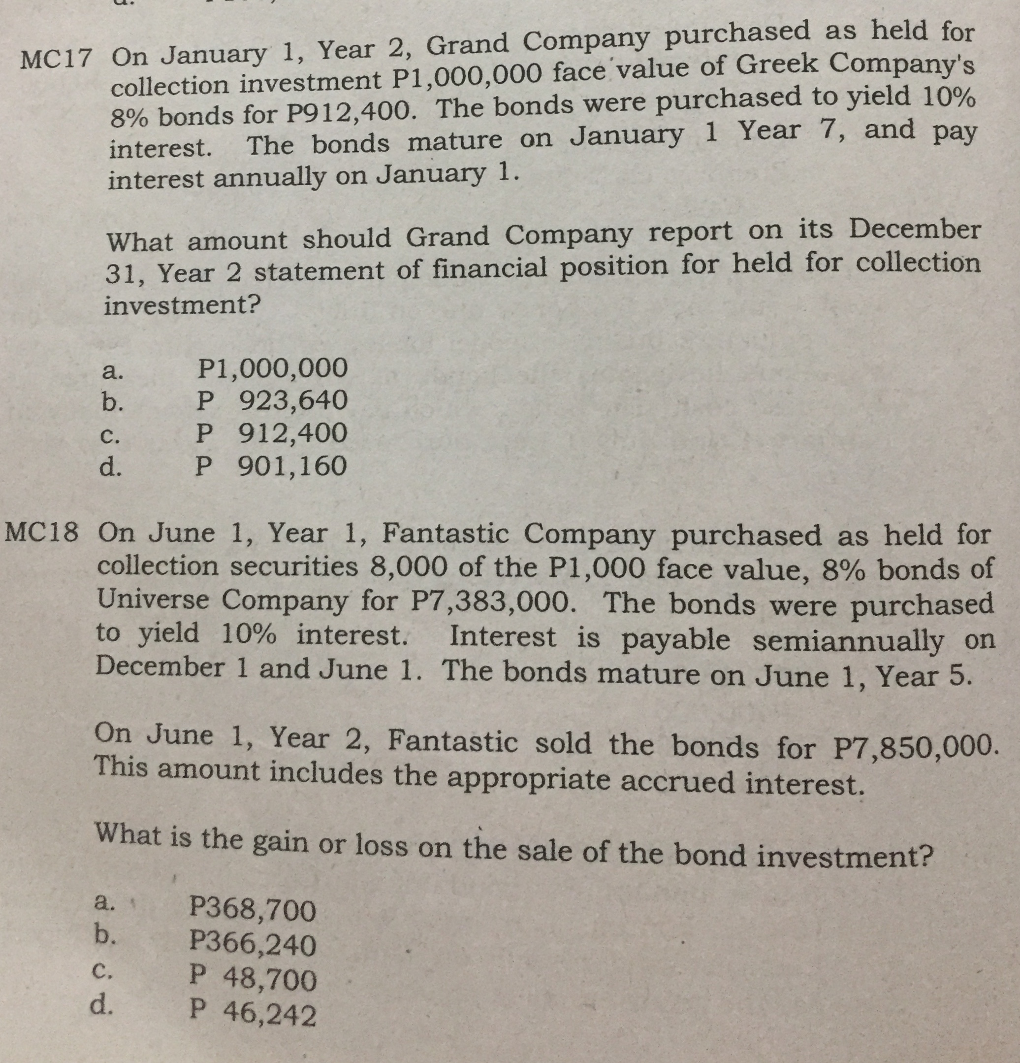 collection investment P1,000,000 face value of Greek Company's 8% bonds for P912,400.