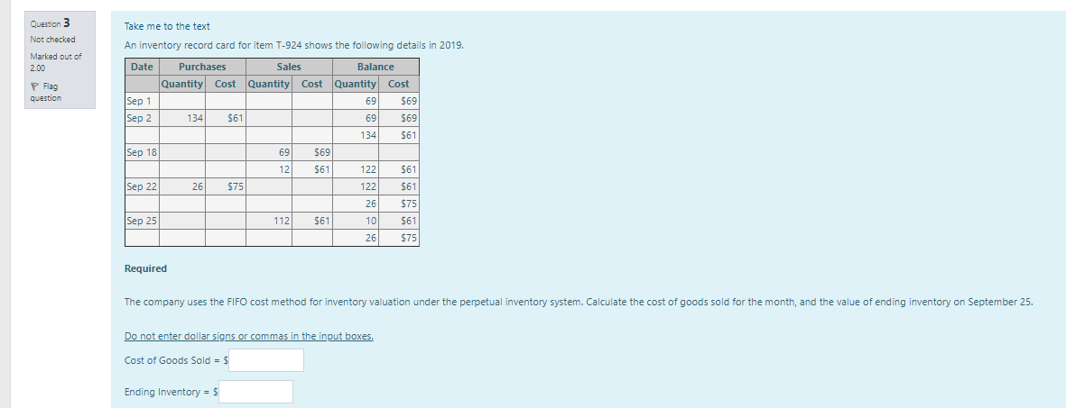 to 2 decimal places as well. question Inventory Schedule Purchases Sales Balance