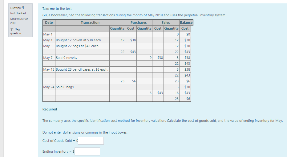 Transaction Description Quantity Amount Quantity Amount Quantity Amount Opening Balance 0 $0