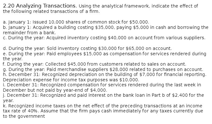  2.20 Analyzing Transactions. Using the analytical framework, indicate the effect of