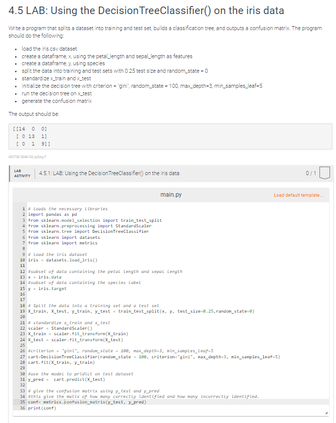  4.5 LAB: Using the Decision TreeClassifier() on the iris data Write