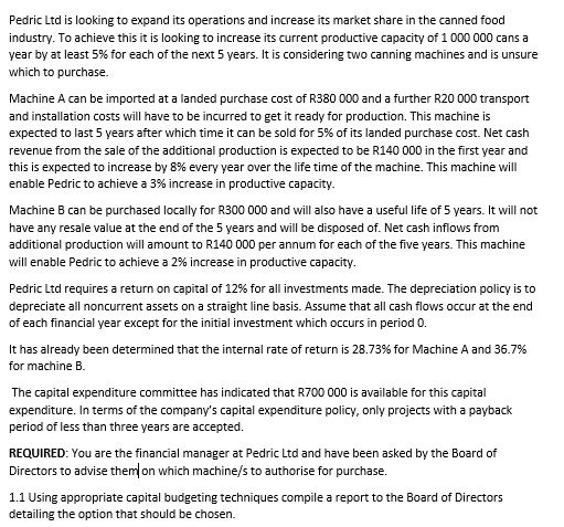 Pedric Ltd is looking to expand Its operations and increase its market