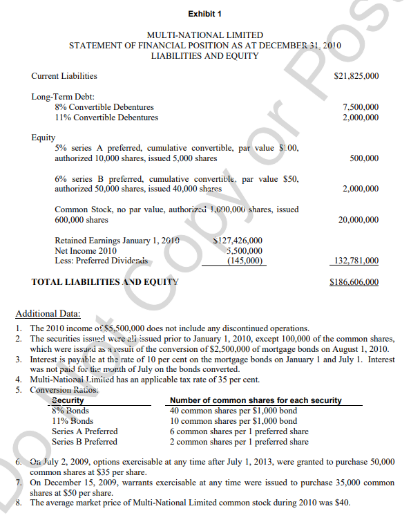 2010 using information from Exhibit 1 and the Excel Spreadsheet. Thanks! \fNote