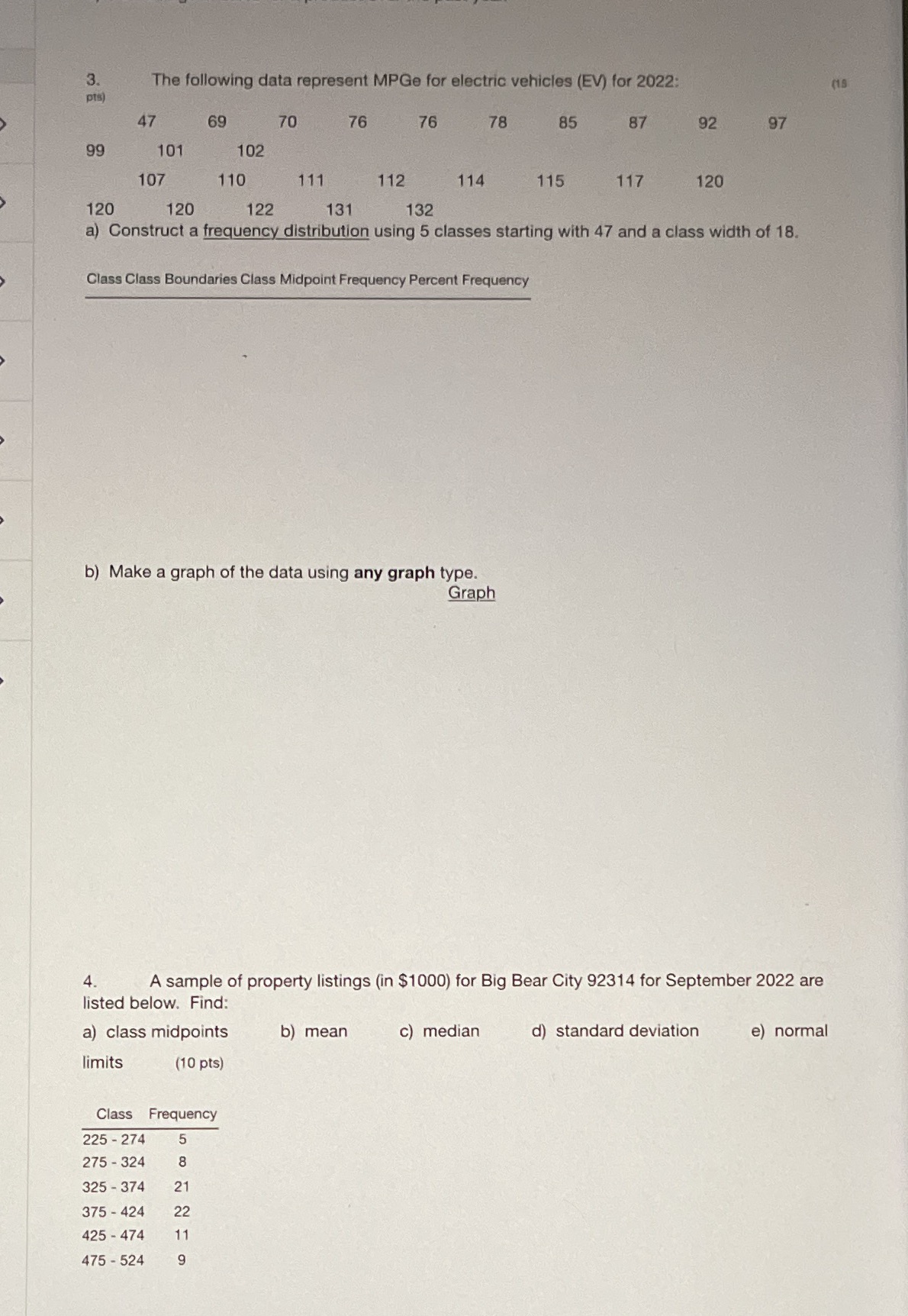 Problems 3 and 4 3. The following data represent MPGe for electric