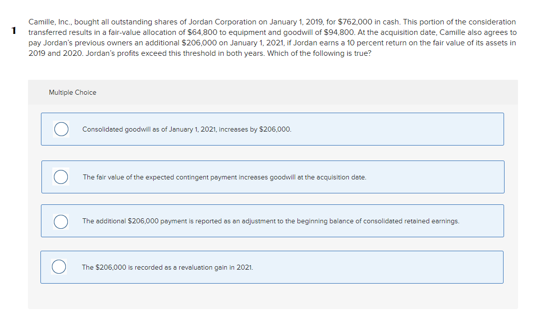 shares of Jordan Corporation on January 1, 2019, for $762,000 in cash.