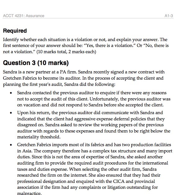  ACCT 4231 : Assurance A1 {:1 Required Identify whether each situation