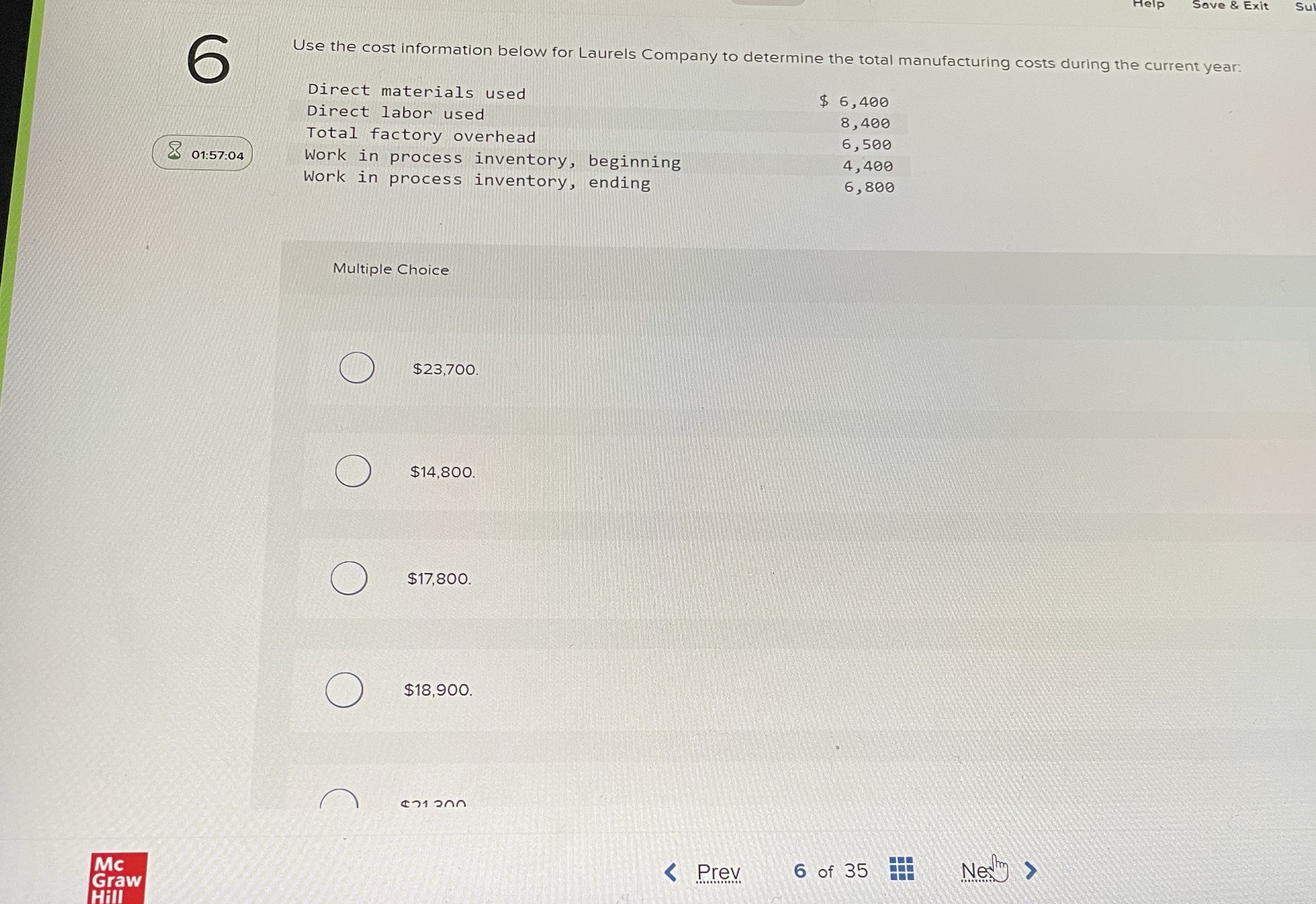  Save & Exit Su 6 Use the cost information below for