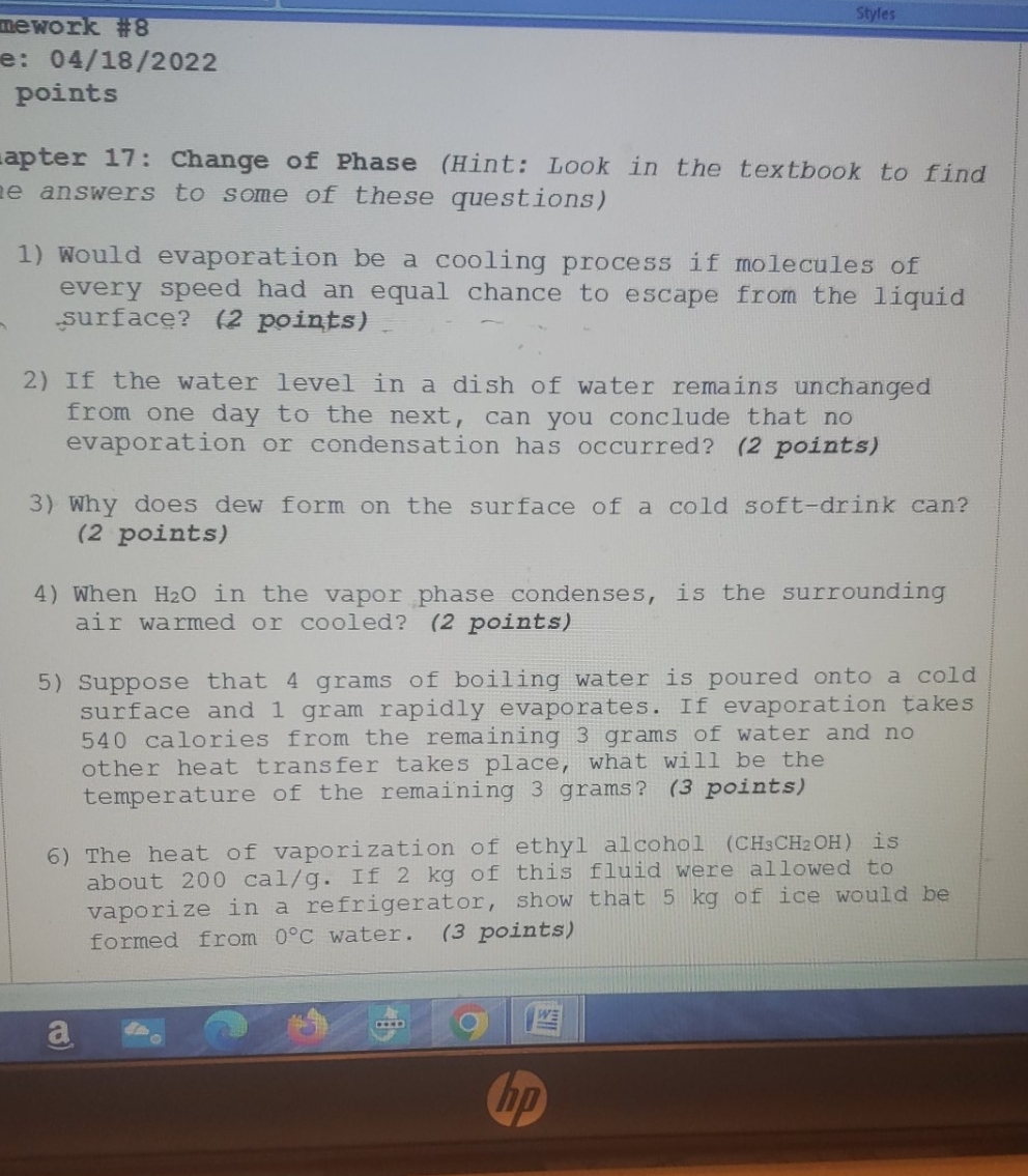 change of phase Styles mework #8 e: 04/18/2022 points apter 17: Change