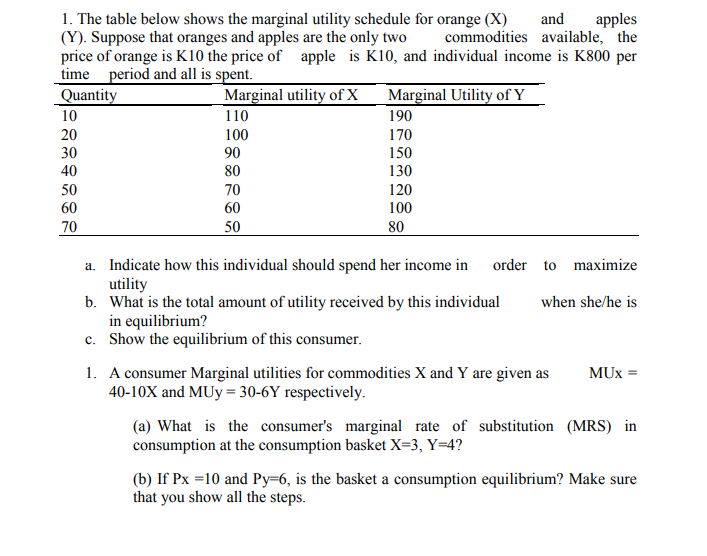 Answer the questions below 1. The table below shows the marginal utility