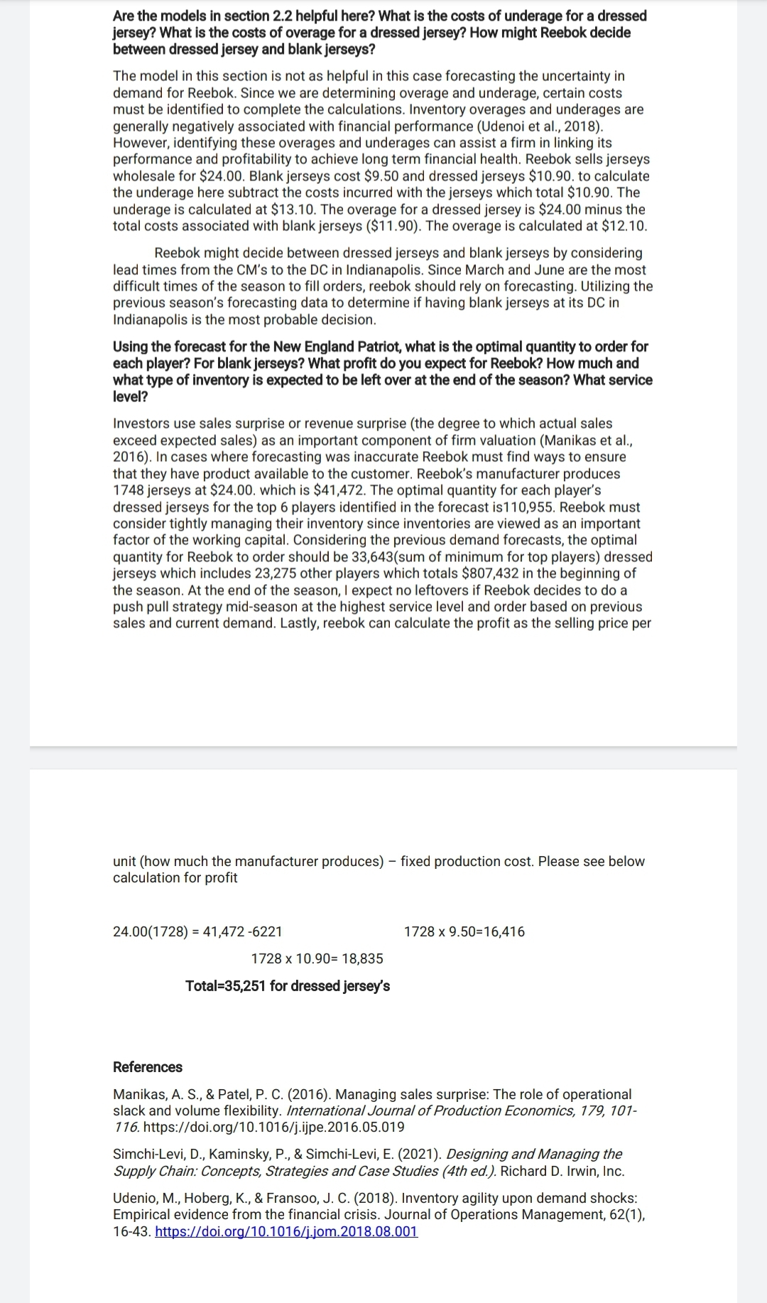 uncertainty associated with player demand, how should Reebok approach inventory planning for