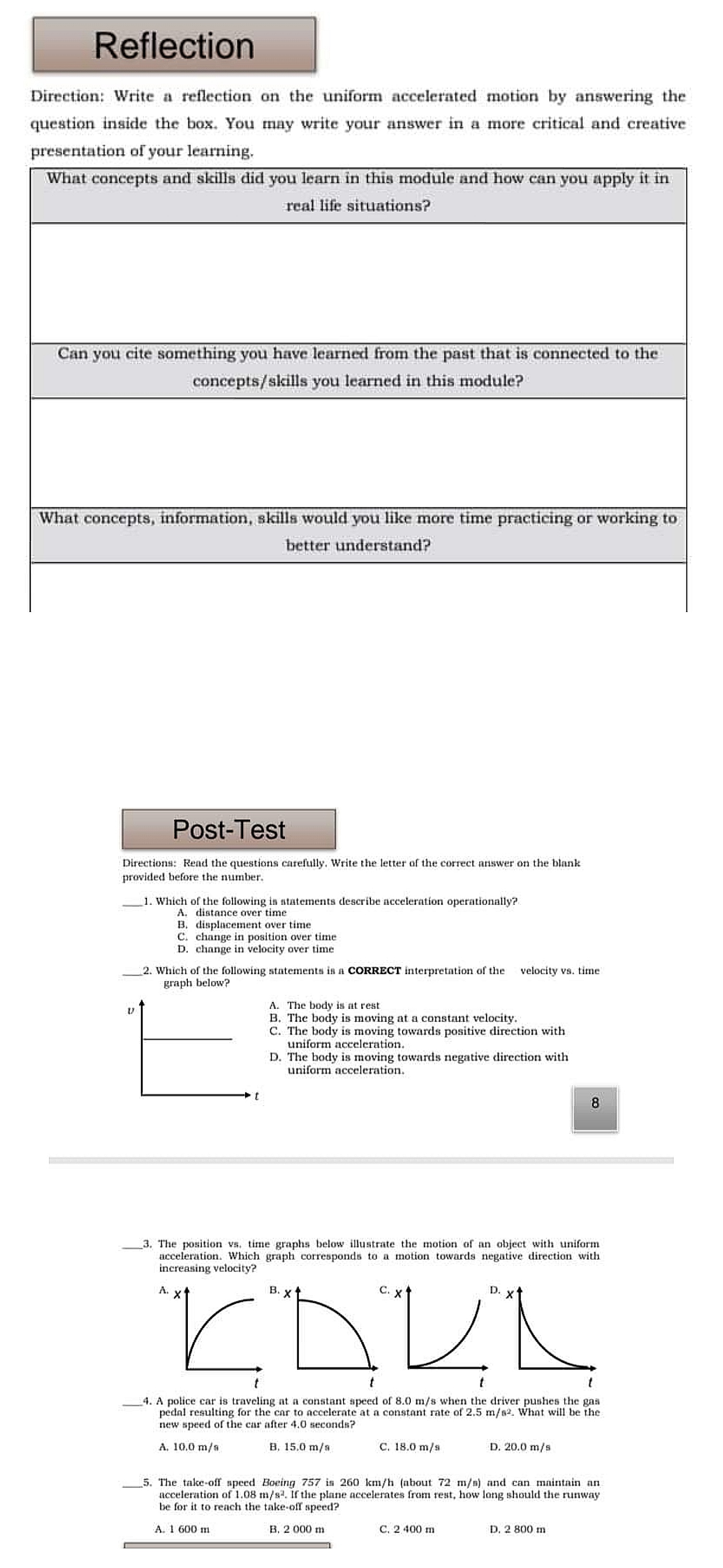 on the uniform accelerated motion by answering the question inside the box.