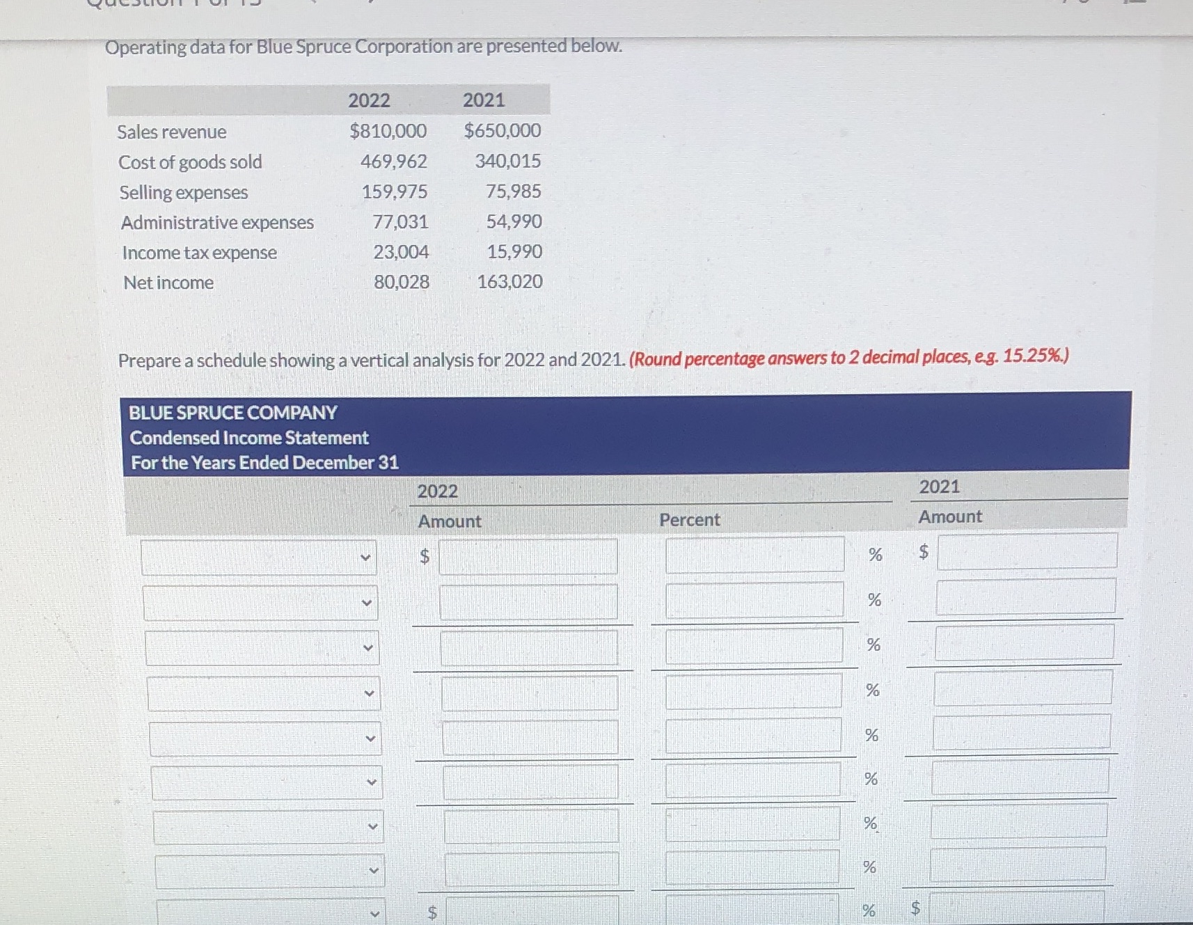 Will give a like if correct! Operating data for Blue Spruce Corporation