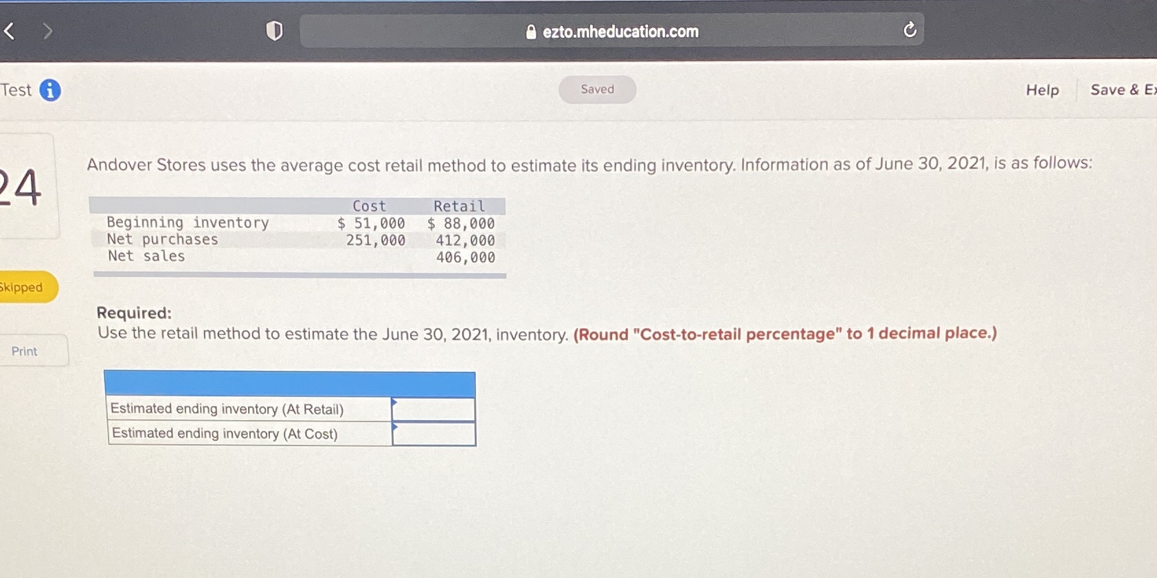 < > Test ezto.mheducation.com Saved Help Save & E Andover Stores uses
