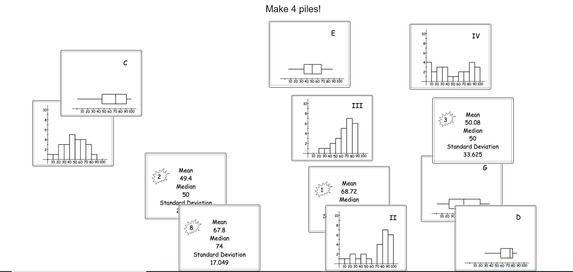 pair together a card with the mean, median, and standard deviation with